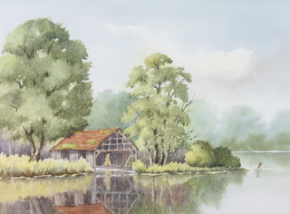 Mona Saliba, watercolour, study of a boat house, signed, 10" x 13" 