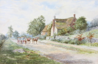 Herbert H Collyer 1901, watercolour, figures and a wagon and horses beside a country cottage 9" x 13 1/2" 