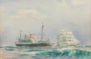 F K Blanchard 1930, watercolour, maritime study of a cruiser and 3 masted ship at sea, signed, 8 1/2" x 12 1/2"  