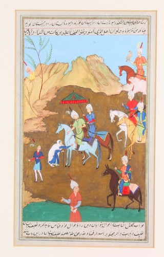 Persian watercolour, a study of figures hunting with hawks, the reverse revealing script 10 1/2" x 6"