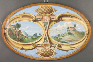 Trompe l'oeil mixed media, an oval framed study of Continental landscape views 14" x 22" 