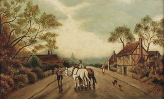 L V Spurgeay, oil on canvas, study of a street scene with 2 cart horses, figures and timbered building 8" x 12" signed and dated 1925 