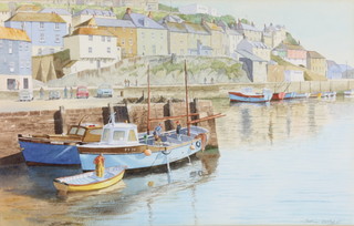 Arthur Dooley, watercolour, a Cornish harbour scene with boats and figures, signed, 12" x 19" 