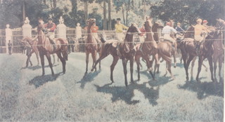 A 20th Century print, study of jockeys and riders before a race 13" x 23" 