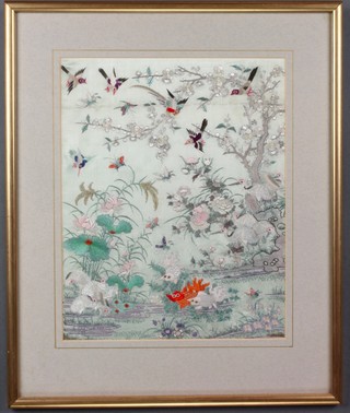 20th Century Chinese silk work a study of carp and exotic birds and insects, framed 12" x 9 1/2" 