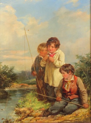 19th Century oil on panel a study of 3 young boys fishing on a river bank, unsigned, 12" x 9" 