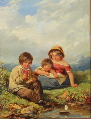 19th Century Continental oil painting on panel, a study of children by a stream playing with toy boats, unsigned, 12" x 9" 