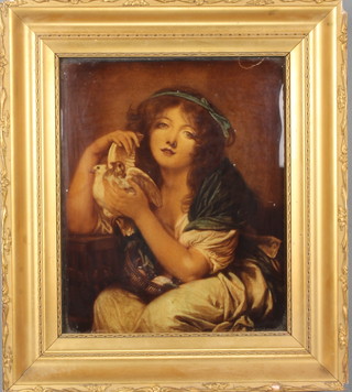 A Victorian crystoleum of a girl with doves 10" x 8" 
