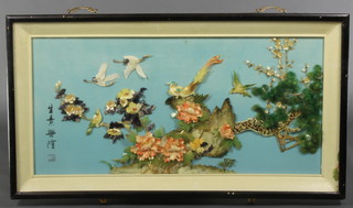 20th Century Japanese shell picture, a study of exotic birds amongst flowers 19" x 37" 