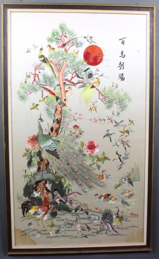 20th Century Japanese silk work, a study of exotic birds amongst a tree 48" x 27" 