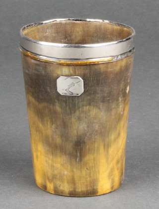 A 19th Century silver plated mounted horn beaker with chased armorial decoration 
