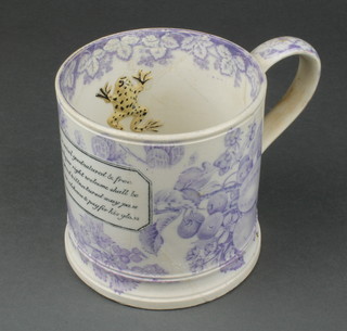 A Victorian transfer print mug with frog interior and transfer fruit decoration 5" 