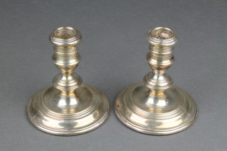 A pair of silver dwarf Queen Anne style candlesticks, London 1959, 4"