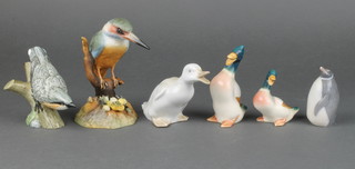 A Royal Crown Derby figure of a kingfisher standing on a stump 5 1/2", a Danish figure of a penguin 2", 4 porcelain bird figures