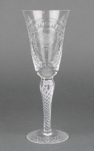 A Webb Corbett commemorative crystal wine glass Mayflower 70, 1620-1970 with air twist stem and faceted base 9" 