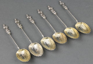 A set of 6 Victorian fancy silver apostle teaspoons with shell bowls, 37 grams, Birmingham 1900 
