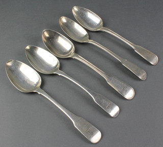 5 George III silver table spoons with chased armorial, mixed dates, 12 ozs 