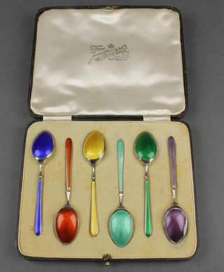 A set of 6 Edwardian guilloche enamelled coffee spoons in a fitted case, Birmingham 1913 