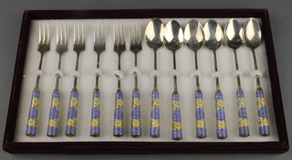 6 pairs of Chinese silver plated cloisonne dessert spoons and forks