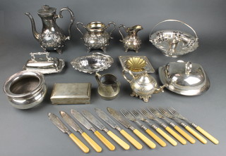 A Victorian silver plated 3 piece tea set with repousse decoration and minor plated items 
