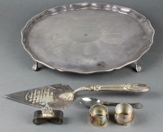 A silver plated presentation trowel, a salver and minor items 