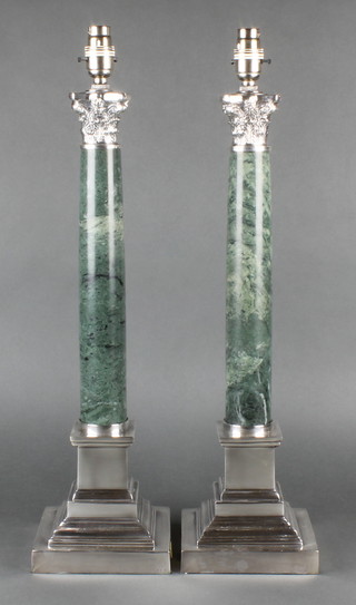 A pair of silver plated Corinthian column marble mounted table lamps on stepped bases 20" 