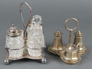 An Art Deco silver plated 3 section condiment, a plated mounted glass ditto 