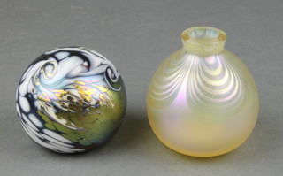 An Okra Studio Glass paperweight 2", a ditto opalescent baluster vase 2", boxed
