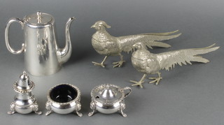 A pair of silver plated bird ornaments and minor plated items