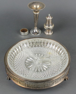 A silver plated spill vase and minor plated items
