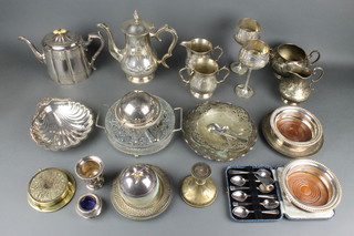 A silver plated coaster and minor plated items 