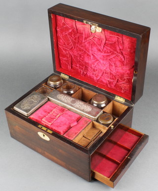 A Victorian mahogany toilet box with 5 silver plated mounted bottles together with an Indian camphor and bone card case 