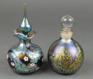 An Okra Studio Glass Woodland opalescent scent bottle decorated with flowers by Richard Golding 5 1/2", a globular ditto 4 1/2", boxed