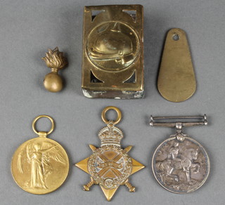 A World War One trio to 1265 2/Cpl. A. Hullett. R.E., a trench art match box holder and 2 other items 
