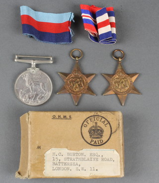 Group 1939-1945, France and Germany Stars and War medal to H.C. Burton in original posting box 