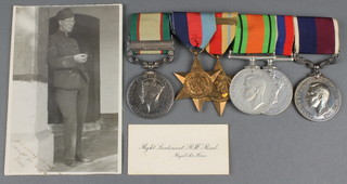 Group India General Service medal with North West Frontier 1936/1937 bar, 1939-1945 and Africa Stars, clasp (N.Africa 42/43), Defence War medal and Long Service Good Conduct (GVI) and postcard photograph in Corporals uniform and business card to 505984 Cpl./Flt.Lt. R.W. Read  