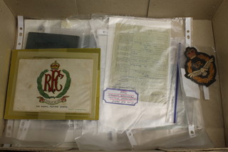 A quantity of Second World War RAF ephemera including service and release books RAF Personnel Movement Authorisation form, RAF Government Rail Warrant, WRAF service and release book, RAF certificate of service and RFC coloured cloth patch 