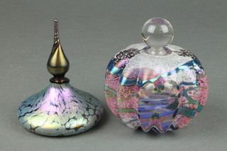 An Okra Studio Glass opalescent scent bottle with spiral stopper 3 3/4", a free form ditto 4", boxed 
