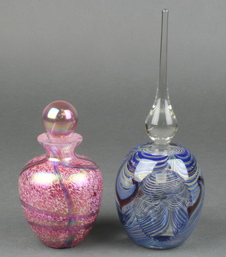 An Okra Studio Glass scent with tapered stopper 7 1/2", a pink glass squat ditto 5", boxed 