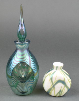 An Okra Studio Glass spherical scent bottle and stopper no. 3/250 signed by P Golding 7 1/2", a ditto circular flattened scent  bottle 3", boxed