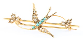 A 15ct Edwardian turquoise and seed pearl bird bar brooch 