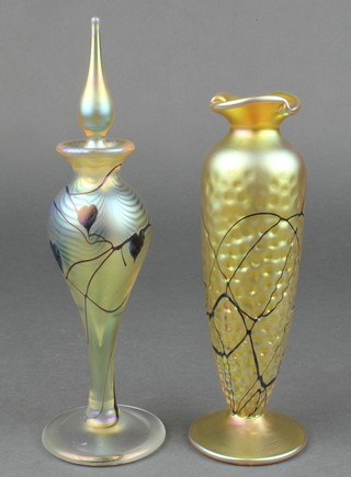 An Okra Studio Glass opalescent tapered vase 7", a ditto scent bottle and stopper 8 1/2", boxed 