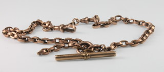 A 9ct gold hollow link watch chain with a gilt T bar 