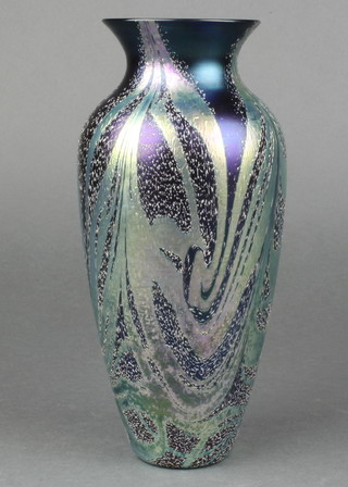 An Okra Studio Glass Merlin's Webb opalescent baluster vase 9", boxed