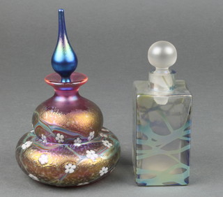 An Okra Studio Glass gourd shaped scent bottle and stopper decorated with flowers 5", a square ditto Nuage 4", boxed