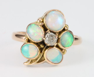 An Antique style yellow gold 5 stone opal single stone diamond floral ring (converted) size L 1/2