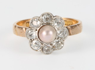 An Antique 18ct yellow gold cultured pearl and 8 stone brilliant cut diamond cluster ring, size J