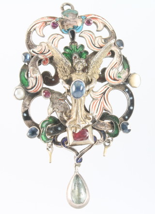 A Continental silver and enamelled gem set pendant brooch with a standing figure of an angel 