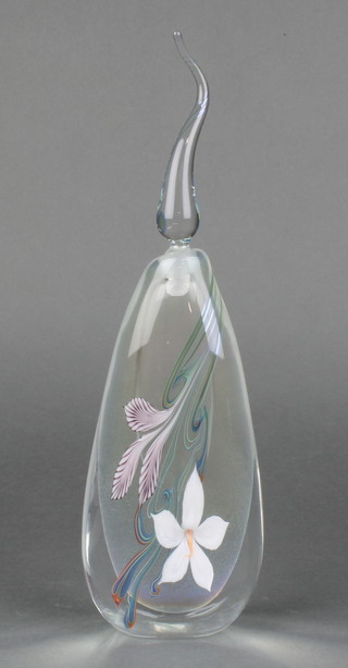 An Okra Studio Glass clear glass flattened bulbous bottle decorated with a flower by Richard P Golding 13"