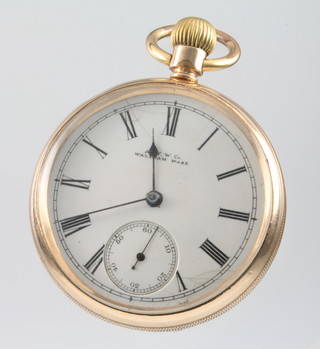A gentleman's gold plated mechanical pocket watch with seconds at 6 o'clock, the dial inscribed Waltham Mass 